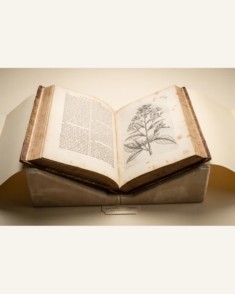 An antique calf-bound folio open on a padded cradle showing an engraved plate.