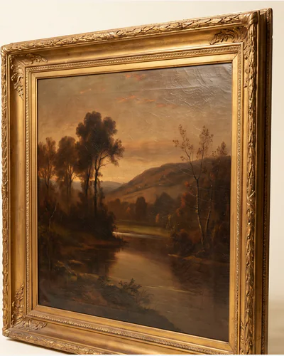 An antique oil landscape of a river valley at dusk in a carved gilt frame, photographed upright on a warm paper plate. — the middle distance.