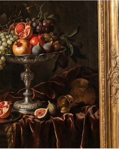 A dark Flemish still life of fruit, a silver tazza and drapery in a moulded gilt frame, photographed on a warm paper plate. — the lemon.