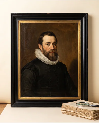 A half-length Old Master portrait of a gentleman in a black doublet with a white lace collar, in a black and gilt frame, photographed on a warm paper plate.