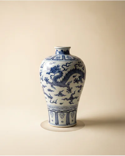 A Chinese blue and white porcelain baluster vase with cobalt dragon decoration, on a warm paper plate.