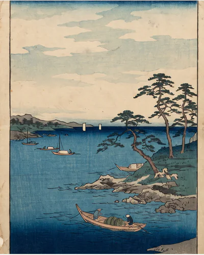 A Japanese ukiyo-e woodblock print of a coastal landscape in Prussian blue, laid flat on a mount board. — the water.