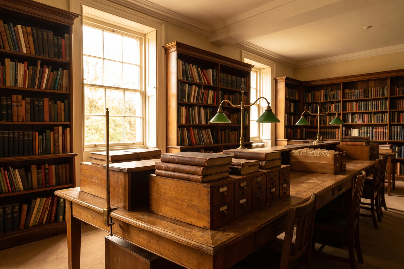Shelves of reference books and stacked sale catalogues under brass lamps.