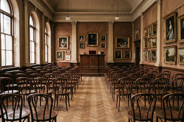 Rows of empty bentwood chairs facing a raised rostrum before a sale.