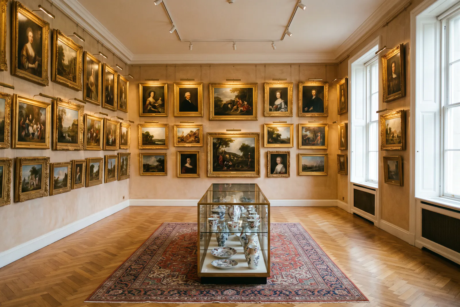 Paintings hung salon-style three rows deep in the viewing gallery.
